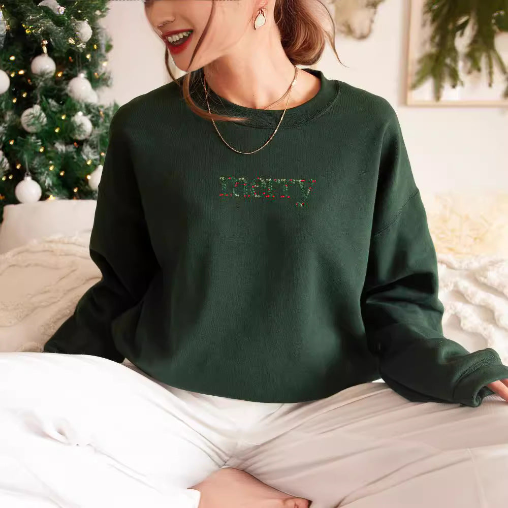 Embroidery Flower Merry Sweatshirt Round Neck Embroidered Sweater Christmas One Embroidered Custom