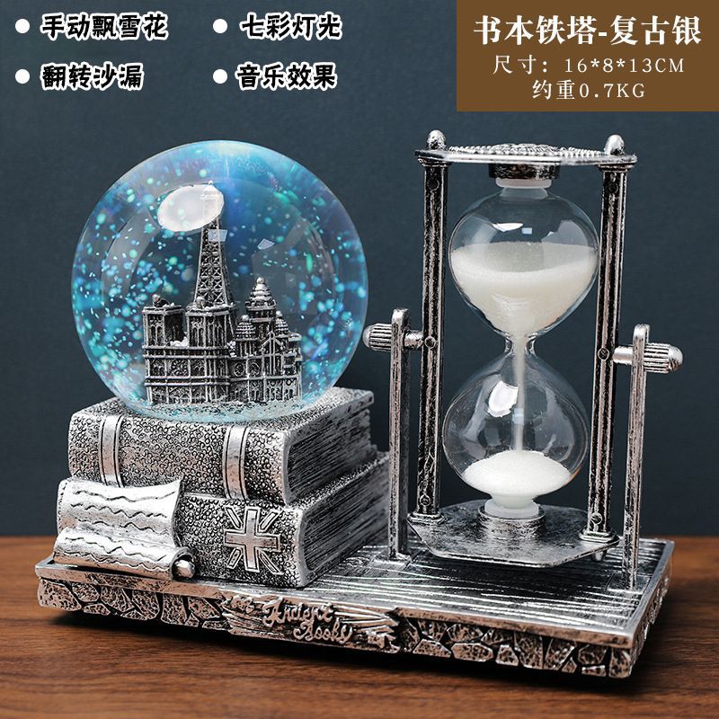 Retro Tower Hourglass Timer Crystal Ball Music Box Luminous Desktop Decoration Student Graduation Christmas Gift