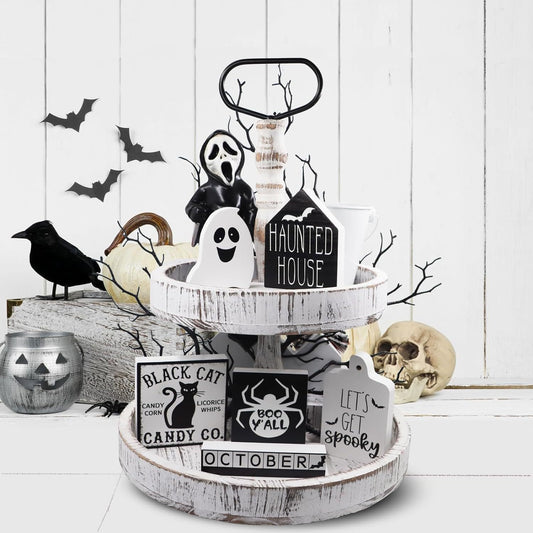 Halloween Hunting House Black Cat BOO Ghost Wooden Sign Tray Ornaments Halloween Layered Tray Decoration