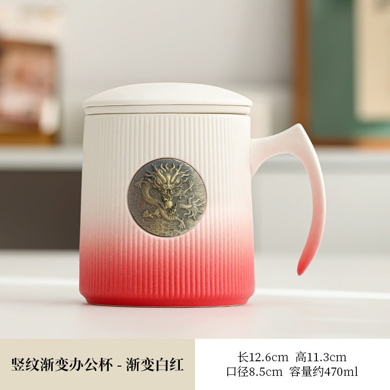 Gradient Ceramic Tea Cup Tea Separation Year Of The Dragon Water Cup With Lid Large Capacity Office Cup Gift Box Suit