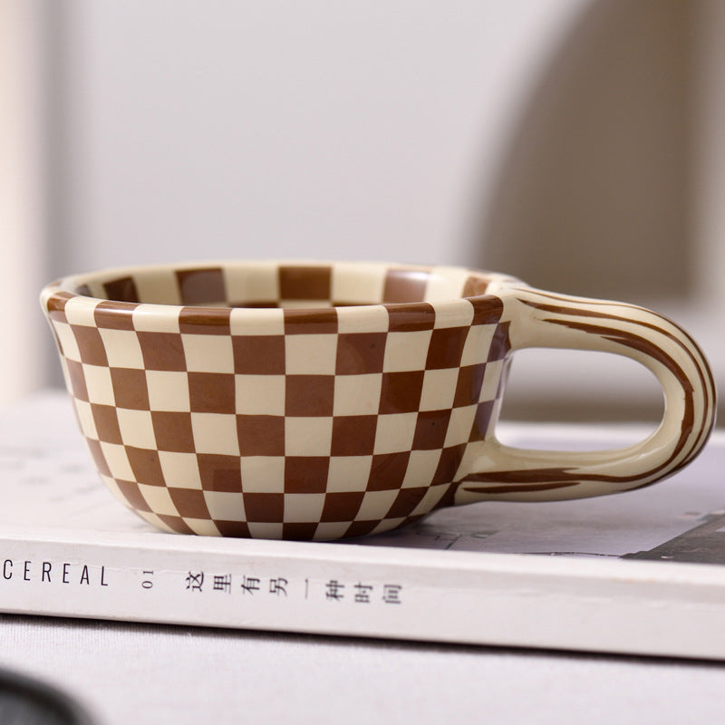 Personalized Retro Niche Irregular Coffee Cup Checkerboard Cup Office High Color Value Ceramic Cup Creative