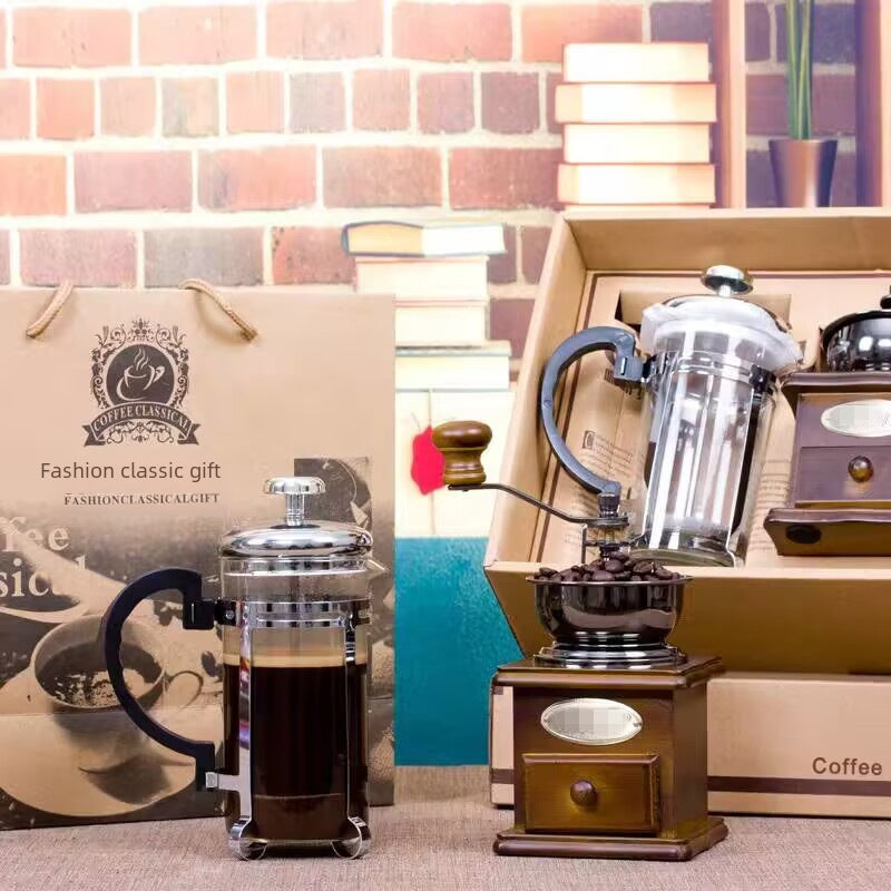 Bean Grinder French Press Set Coffee Appliance Gift Box Activity Gift Giving Vintage Hand-cranked Coffee Machine Coffee Pot Combination