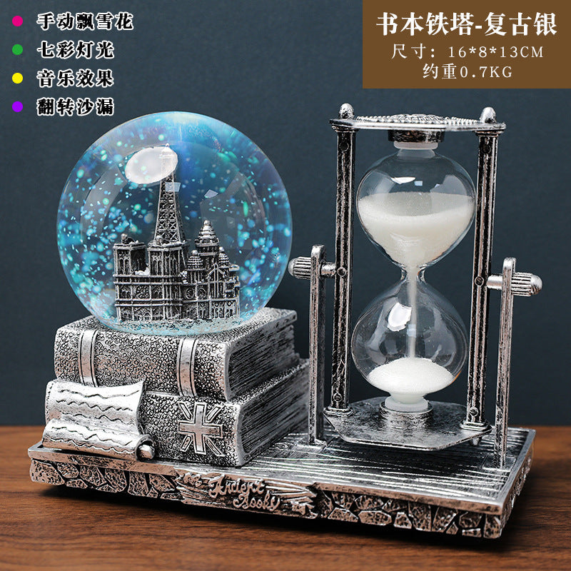 Retro Tower Hourglass Timer Crystal Ball Music Box Luminous Desktop Decoration Student Graduation Christmas Gift