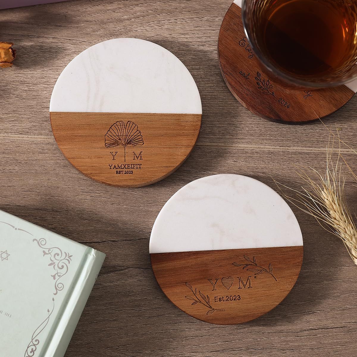 Carved Marble Wooden Coaster Wooden Coaster Personalized Housewarming Gift | Wedding Bride Gift Custom