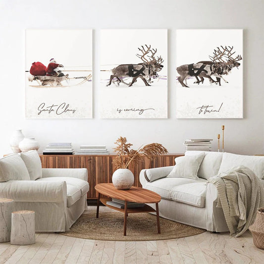 Christmas Snow Elderly Elk Sled Decoration Triple Painting Frameless Painting Core