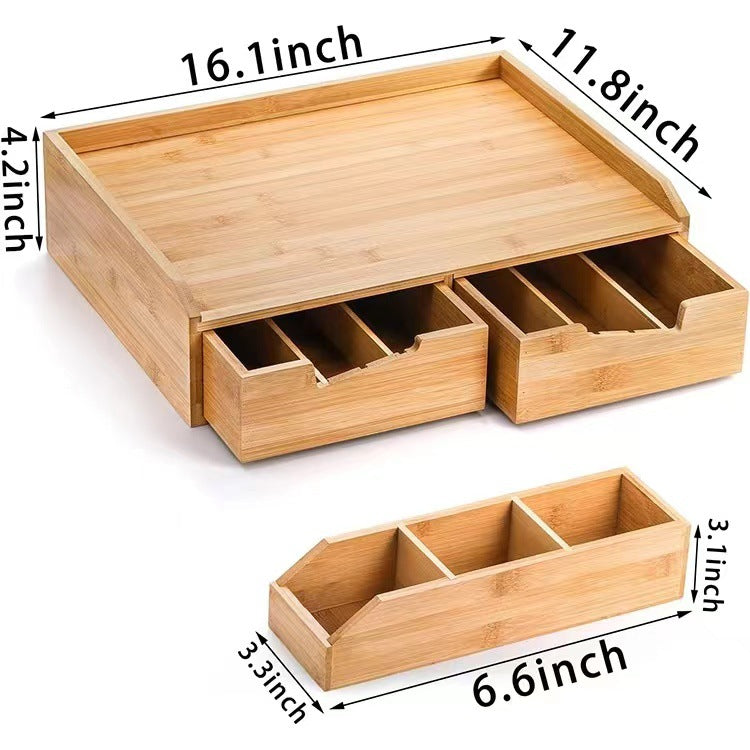 Bamboo Storage Box With Drawer Household Coffee Tea Bag Organizer Solid Wood Office Tea Room Storage Box