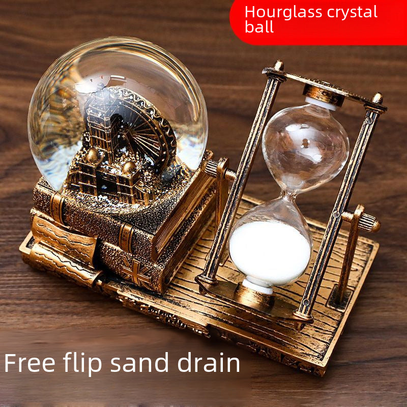 Retro Tower Hourglass Timer Crystal Ball Music Box Luminous Desktop Decoration Student Graduation Christmas Gift