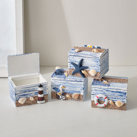 Ocean Wind Seabed Small Wooden Box Decoration Ornaments Mediterranean Style Beach Wooden Box Creative Table Props Decoration - DigiVirt