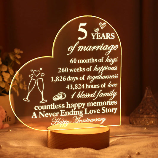 Personalised Anniversary Wedding Night Light Heart Shaped Acrylic Lamp Gifts for Wife Husband - DigiVirt