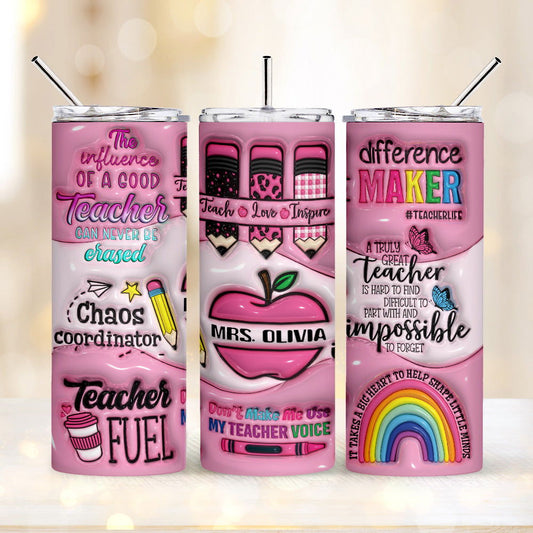 Personalized 3D Apple Pencil Design 20oz Skinny Tumbler Lid and Straw Back to School Gift for Teacher - DigiVirt