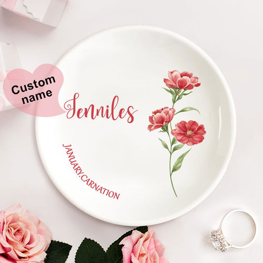 Personalized Birth Flower Floral Ring Jewelry Dish Gift for Her - DigiVirt