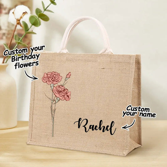 Personalized Birth Flower Grandma's Garden Beach Jute Tote Bag with Name Birthday Wedding Party Gifts for Her - DigiVirt