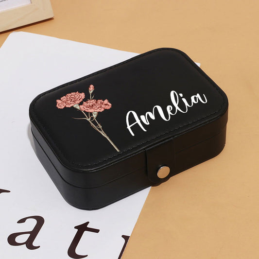 Personalized Birth Flower Leather Travel Jewelry Box with Name Waterproof Multiple Compartments Birthday Bridesmaid Gift for Women Girls - DigiVirt