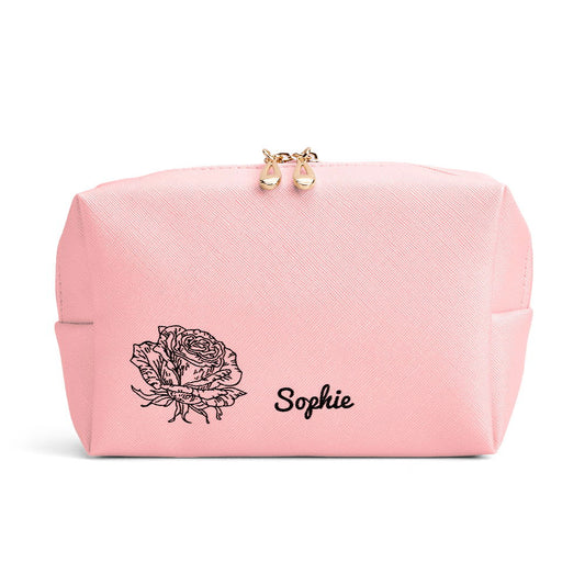 Personalized Birth Flower Makeup Bag Large Capacity Leather Cosmetic Bag Gift for Her - DigiVirt