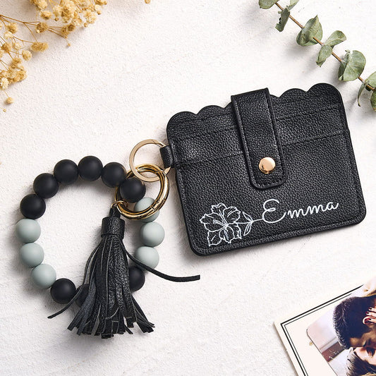 Personalized Birth Flower PU Leather Wallet with Beaded Bracelet Wallet Gift for Her - DigiVirt