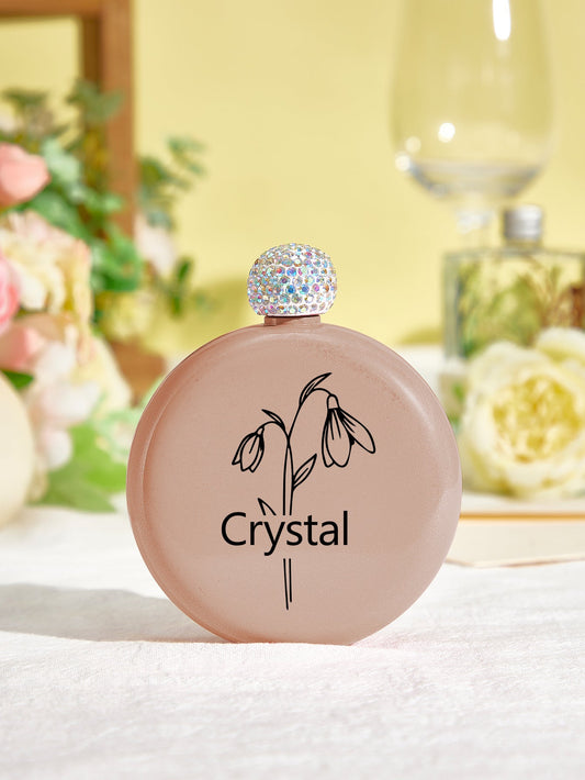 Personalized Birth Flower Round Flasks with Name 5oz Glitter Flask Wedding Birthday Gift for Her - DigiVirt