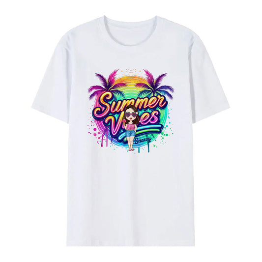 Personalized Cartoon Summer Vibes T-shirt with Name T-shirt Holiday Gift for Her - DigiVirt
