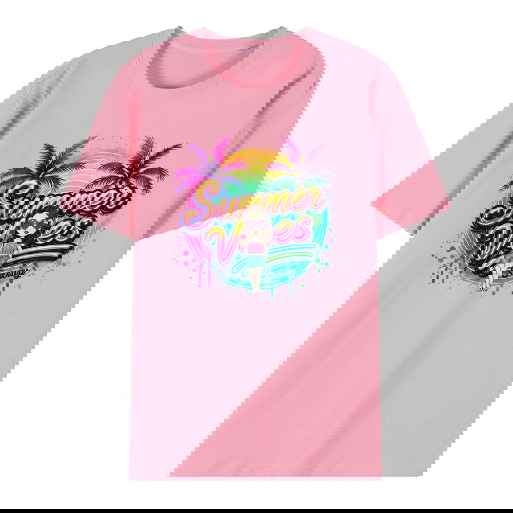 Personalized Cartoon Summer Vibes T-shirt with Name T-shirt Holiday Gift for Her - DigiVirt