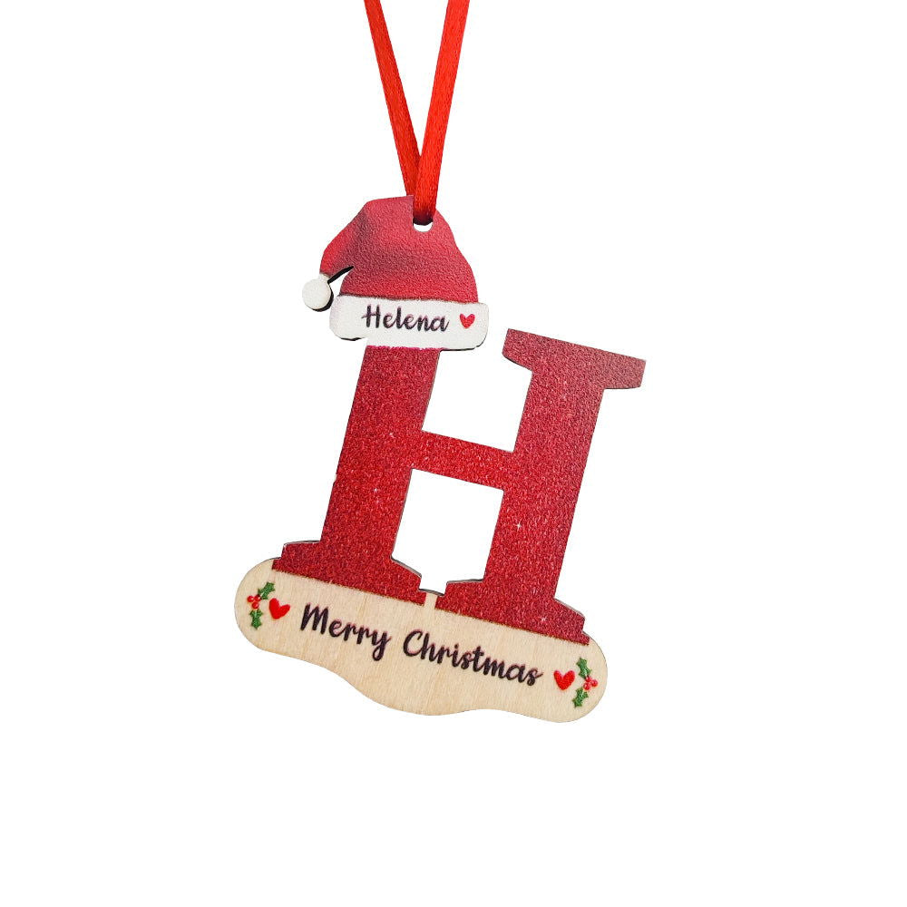 Personalized Christmas Letter Ornament with Red Hat Custom Name Christmas Tree Decoration - DigiVirt