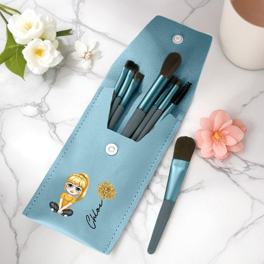 Personalized Cute Cartoon Women Girl Birth Flower Makeup Brush Bag Set with Name and 8 Pcs Makeup Brushes Birthday Wedding Gift for Her - DigiVirt