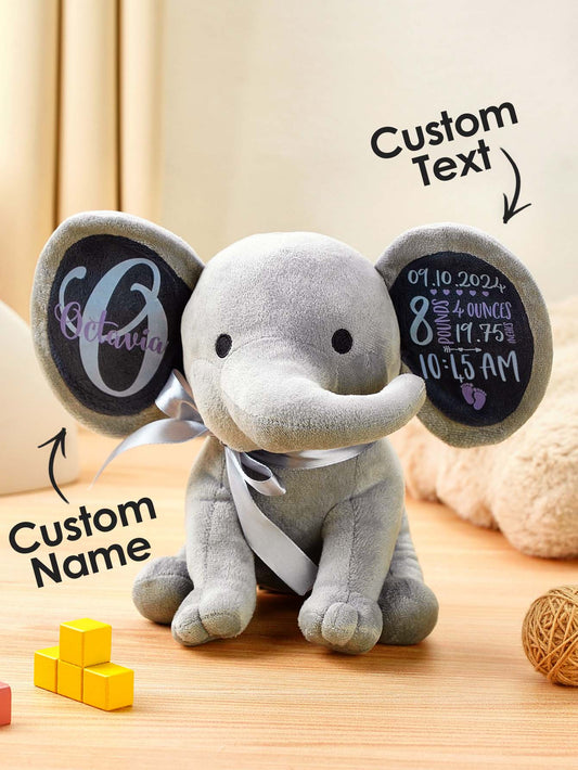 Personalized Elephant Plush Stuffed Animal Birth Announcement Gift for Baby - DigiVirt