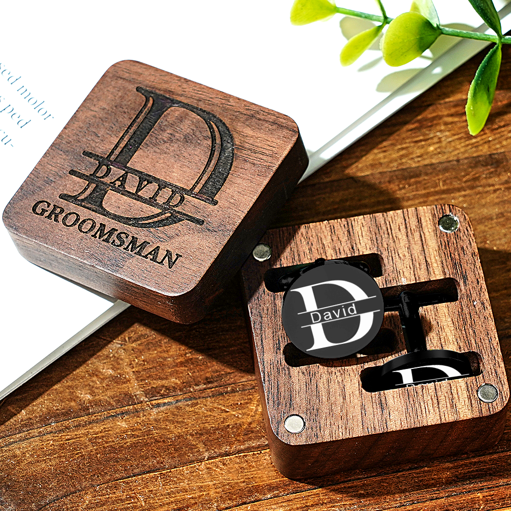 Personalized Engraved Cufflinks Set with Wooden Box Wedding Gift for Men Groomsmen - DigiVirt