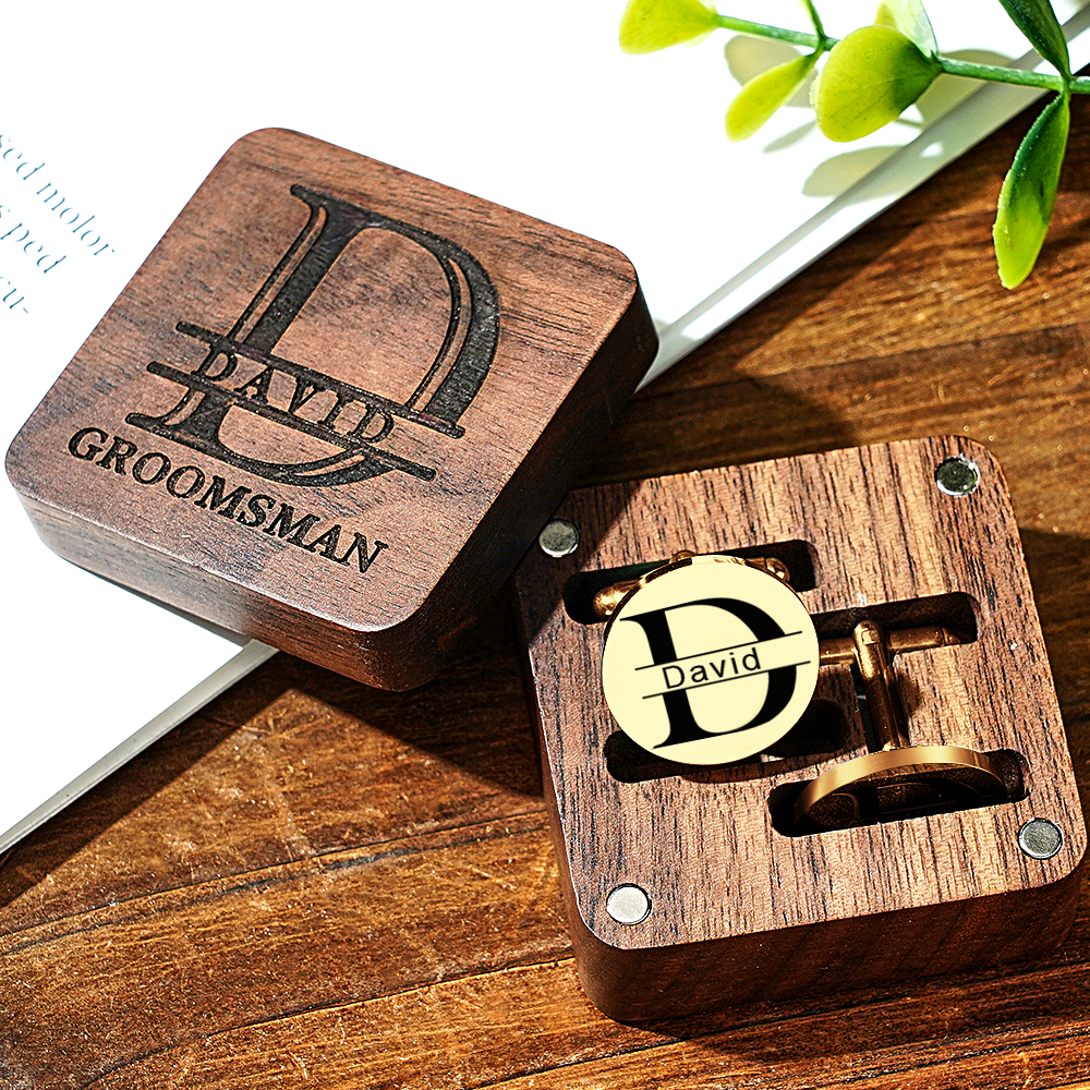 Personalized Engraved Cufflinks Set with Wooden Box Wedding Gift for Men Groomsmen - DigiVirt