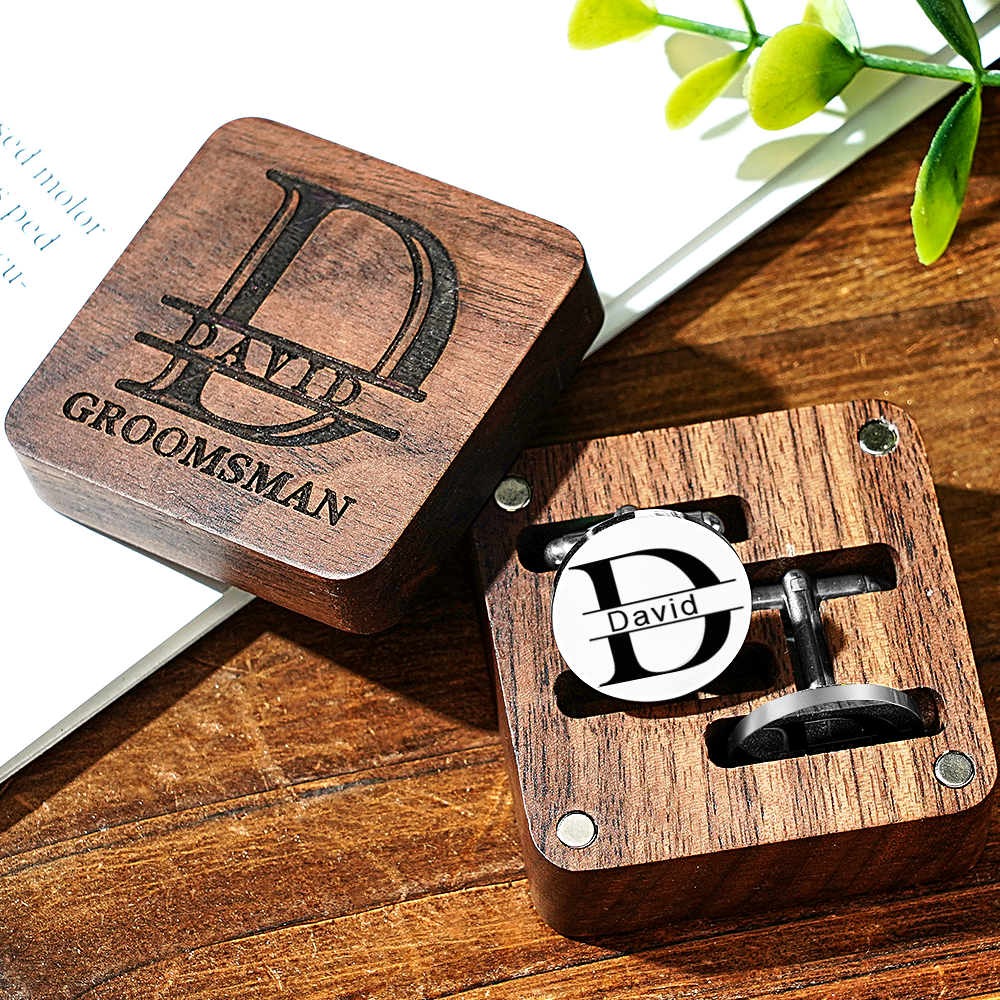Personalized Engraved Cufflinks Set with Wooden Box Wedding Gift for Men Groomsmen - DigiVirt