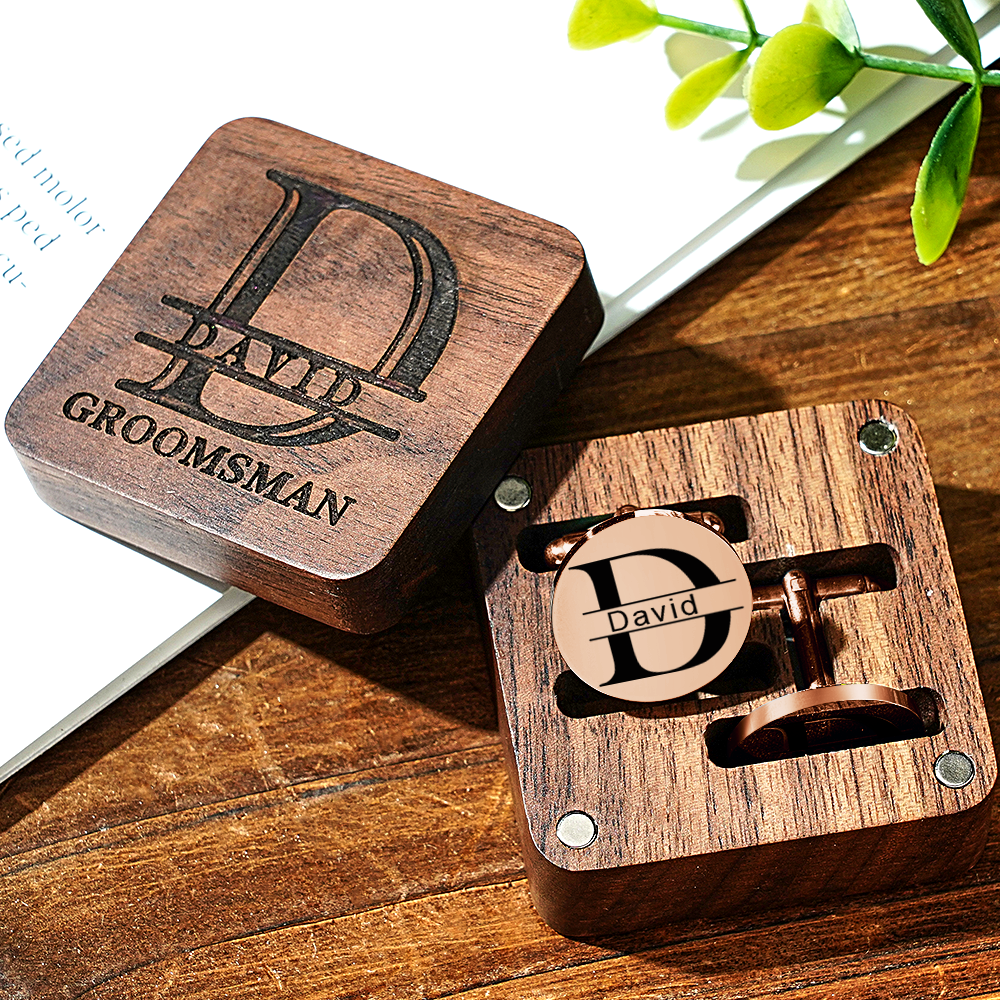 Personalized Engraved Cufflinks Set with Wooden Box Wedding Gift for Men Groomsmen - DigiVirt