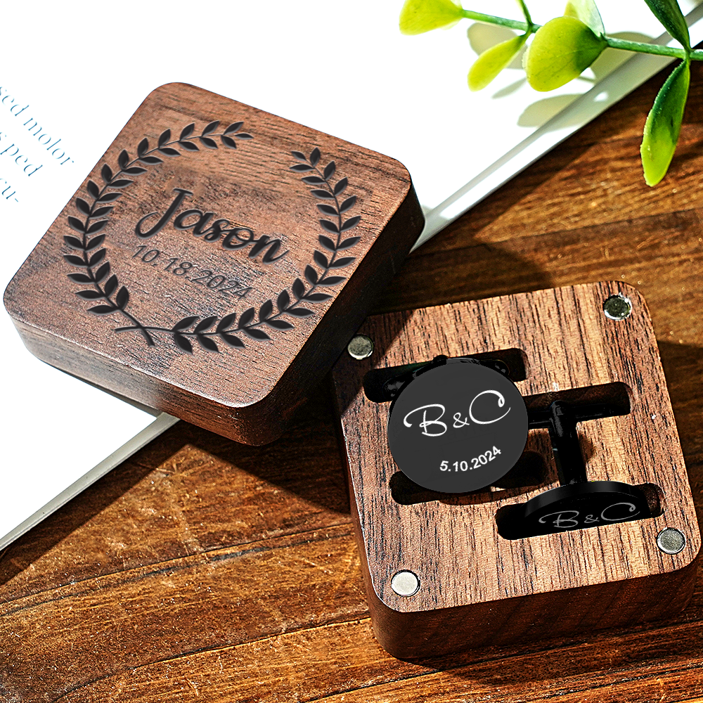 Personalized Engraved Cufflinks Set with Wooden Box Wedding Gift for Men Groomsmen - DigiVirt