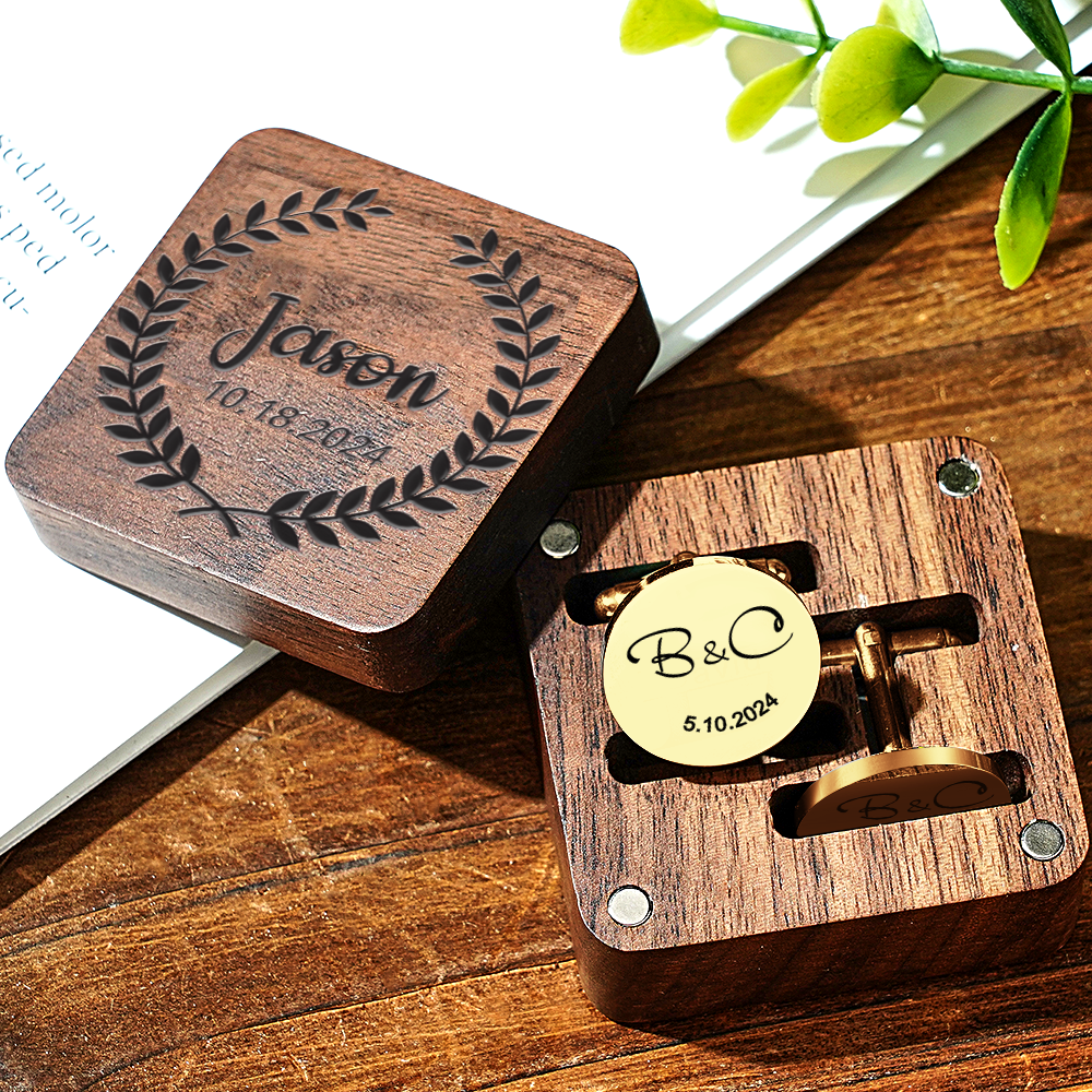Personalized Engraved Cufflinks Set with Wooden Box Wedding Gift for Men Groomsmen - DigiVirt
