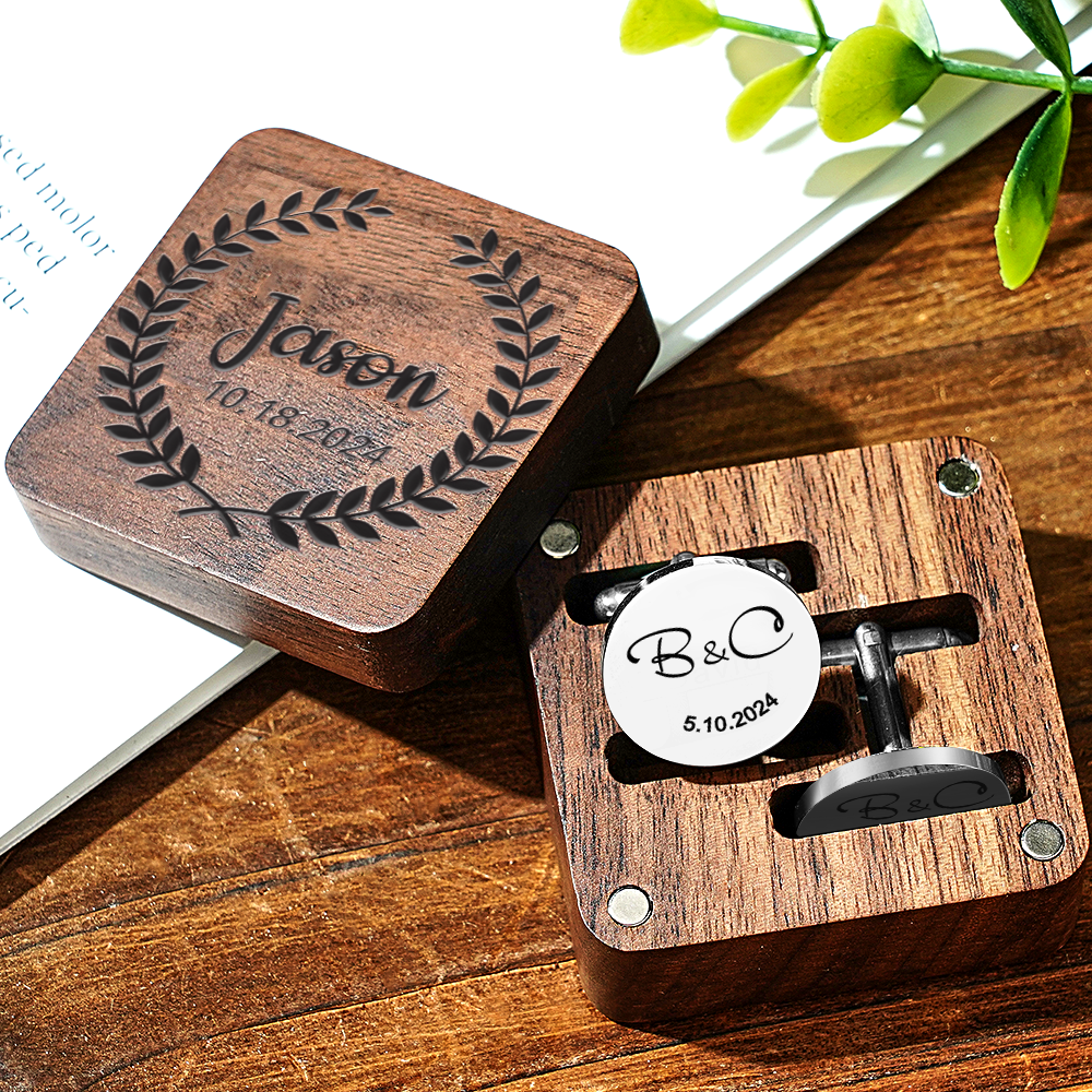 Personalized Engraved Cufflinks Set with Wooden Box Wedding Gift for Men Groomsmen - DigiVirt