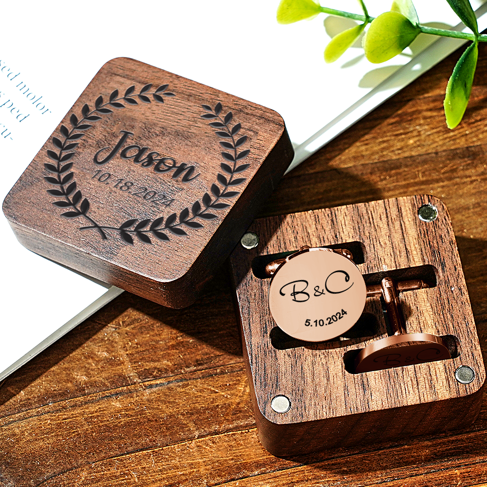 Personalized Engraved Cufflinks Set with Wooden Box Wedding Gift for Men Groomsmen - DigiVirt