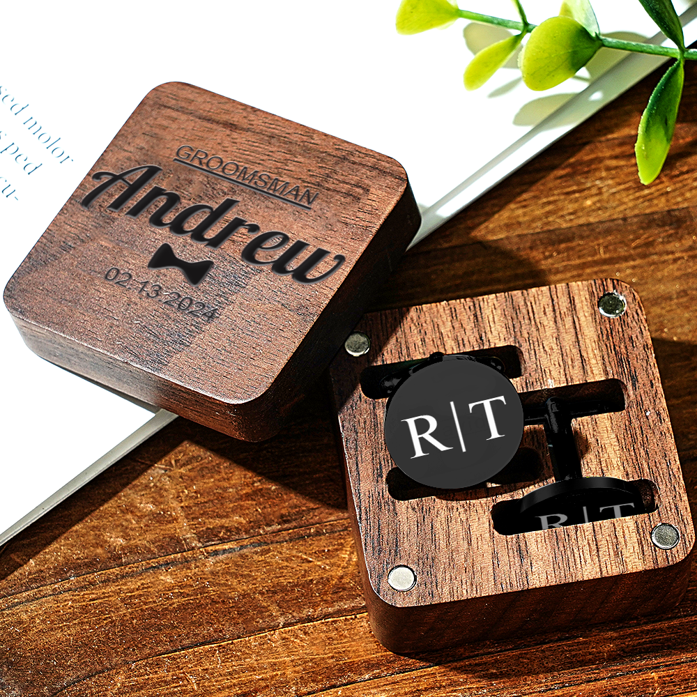 Personalized Engraved Cufflinks Set with Wooden Box Wedding Gift for Men Groomsmen - DigiVirt