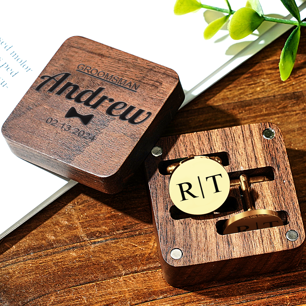 Personalized Engraved Cufflinks Set with Wooden Box Wedding Gift for Men Groomsmen - DigiVirt