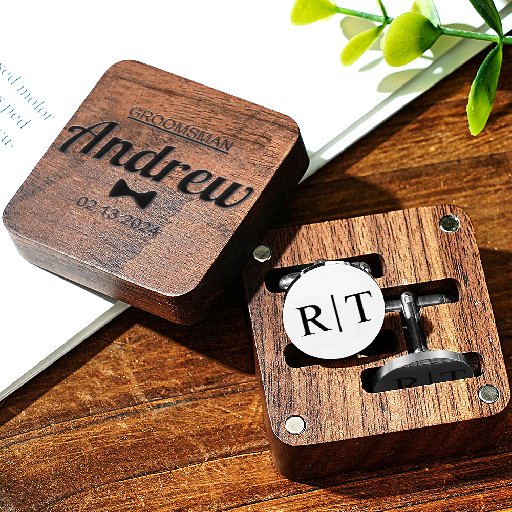 Personalized Engraved Cufflinks Set with Wooden Box Wedding Gift for Men Groomsmen - DigiVirt