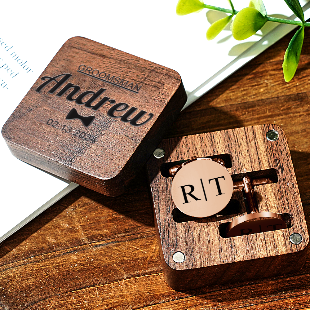 Personalized Engraved Cufflinks Set with Wooden Box Wedding Gift for Men Groomsmen - DigiVirt