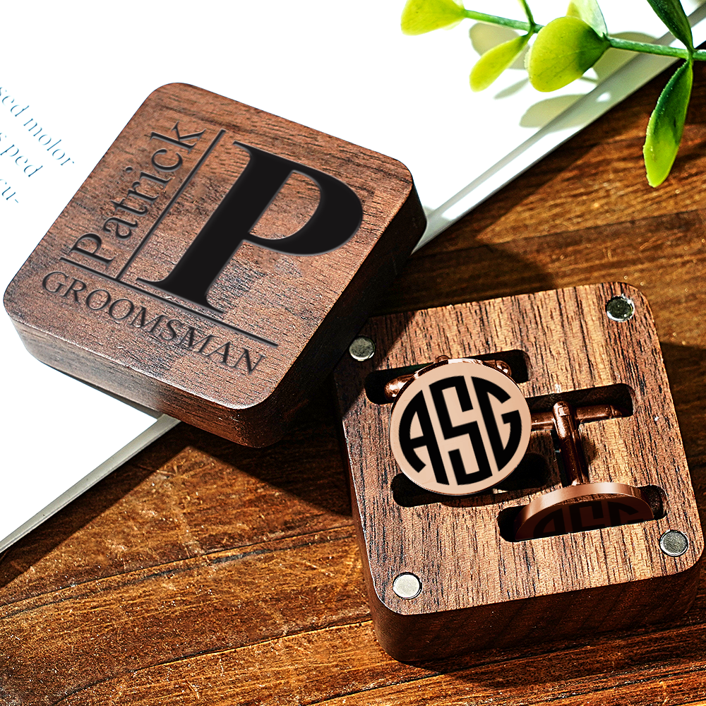 Personalized Engraved Cufflinks Set with Wooden Box Wedding Gift for Men Groomsmen - DigiVirt