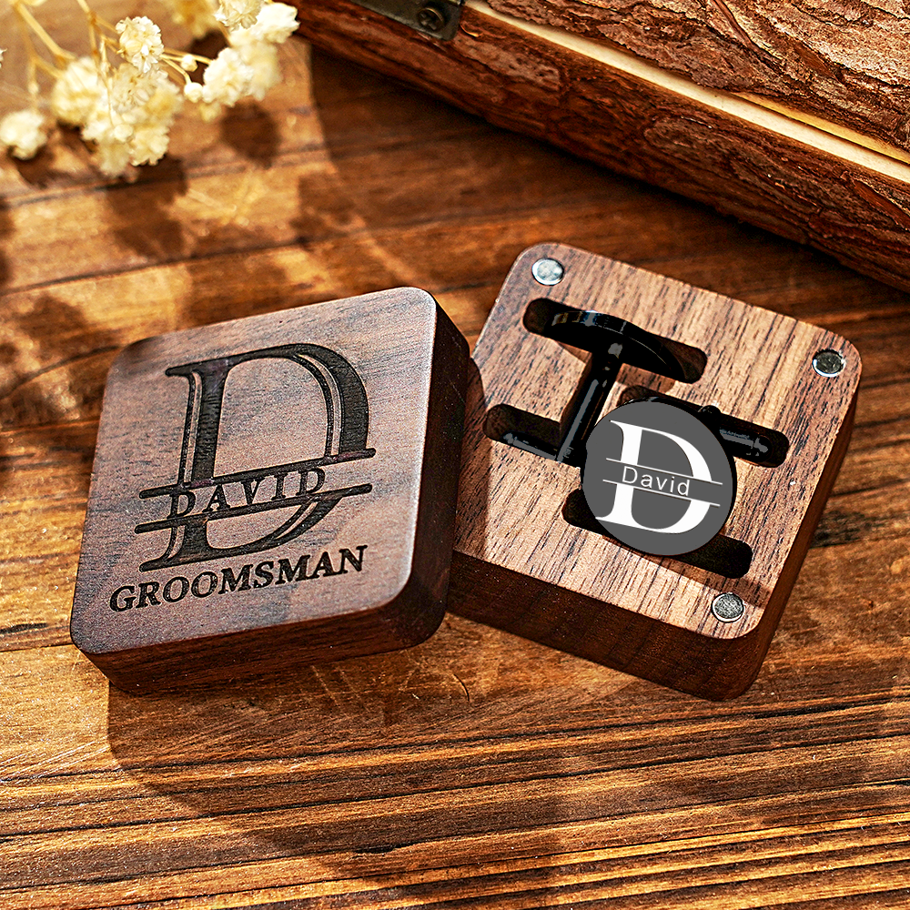 Personalized Engraved Cufflinks Set with Wooden Box Wedding Gift for Men Groomsmen - DigiVirt