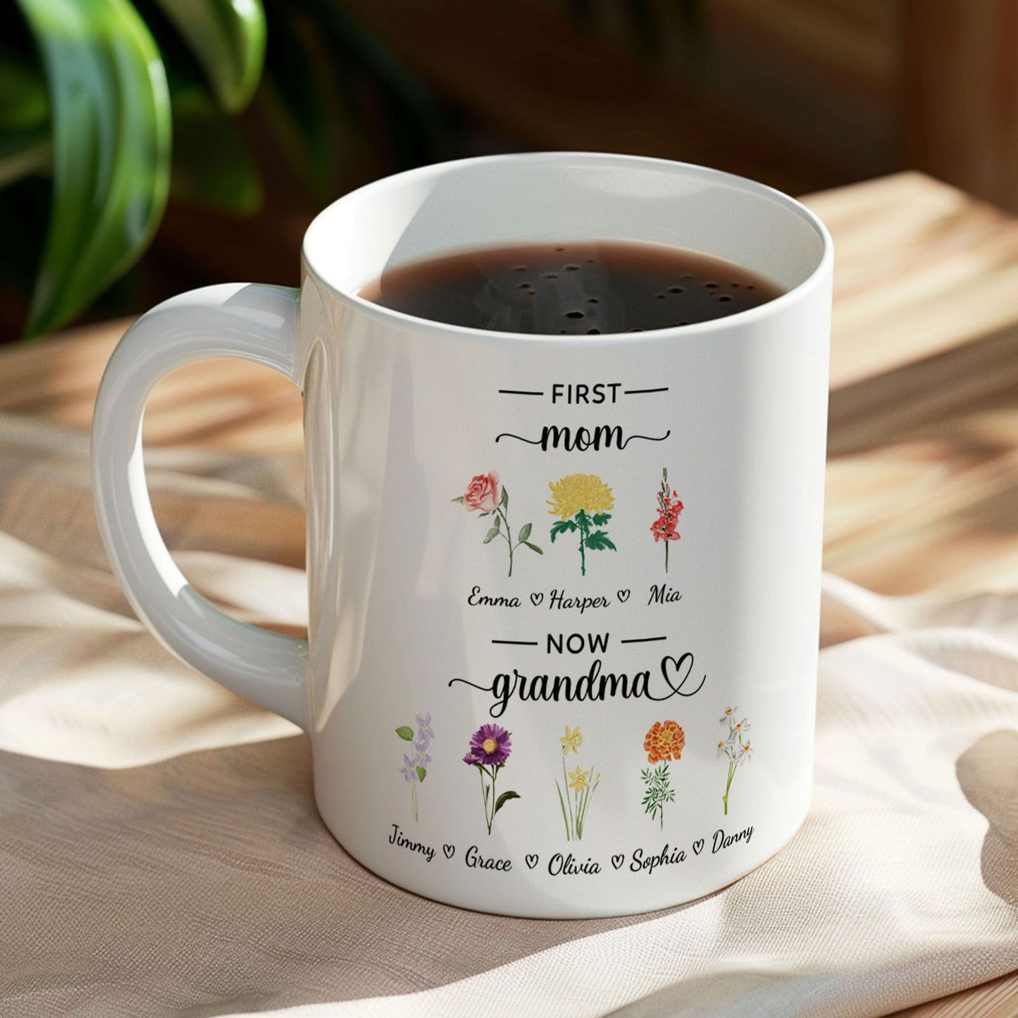 Personalized First Mom Now Grandma Mug Birth Flowers Ceramic Mug for Mother's Day Gifts - DigiVirt