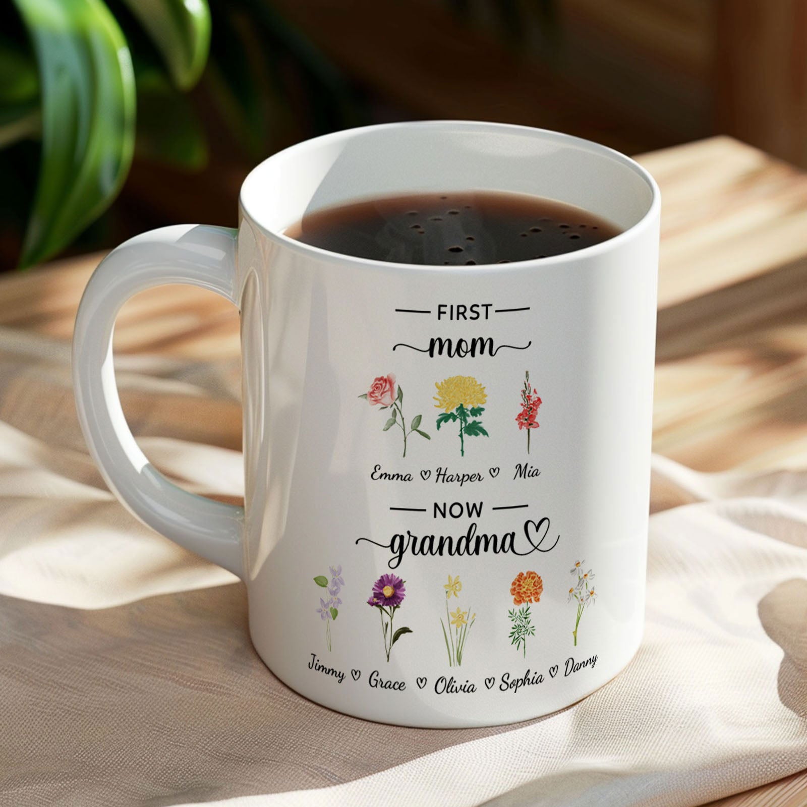 Personalized First Mom Now Grandma Mug Birth Flowers Ceramic Mug for Mother's Day Gifts - DigiVirt