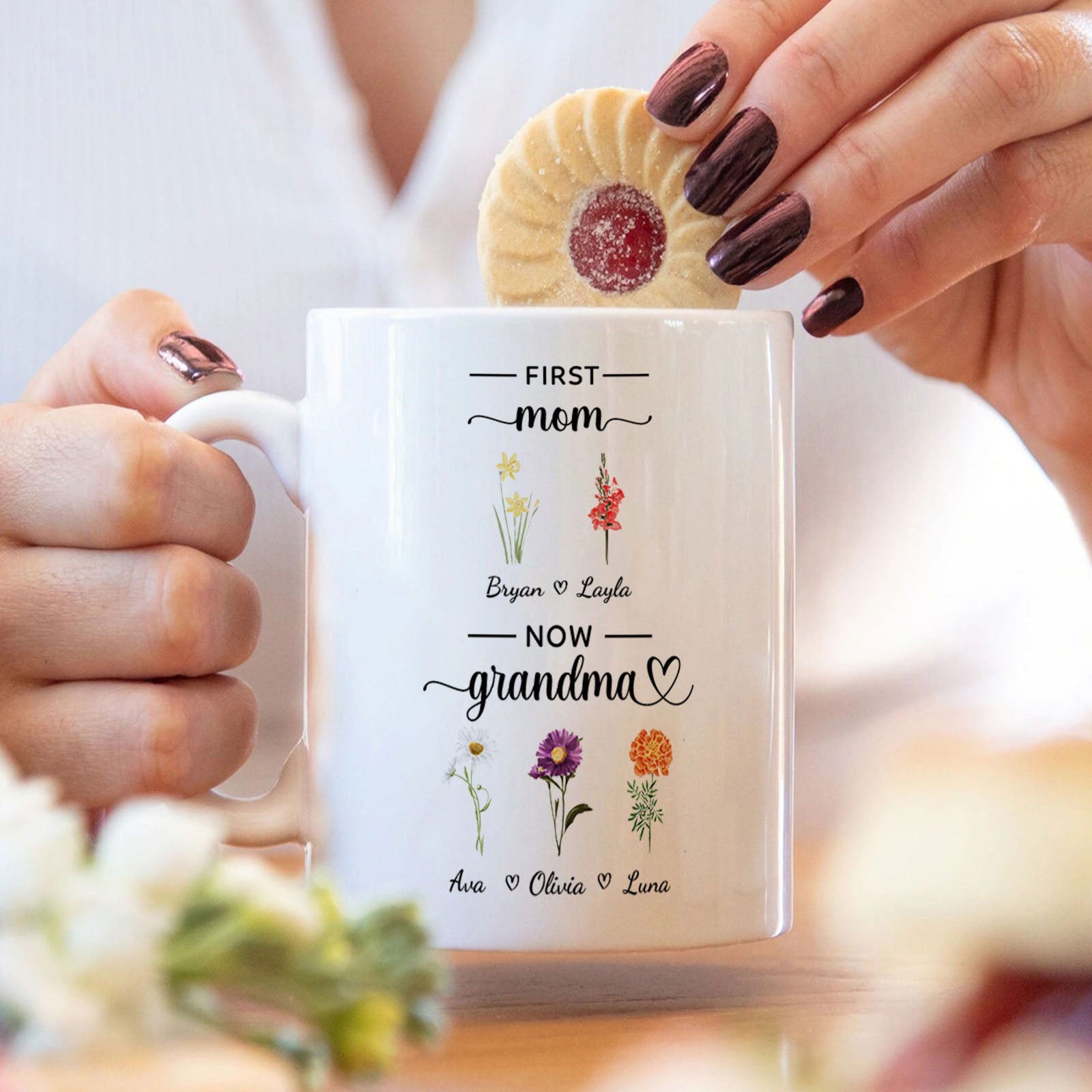 Personalized First Mom Now Grandma Mug Birth Flowers Ceramic Mug for Mother's Day Gifts - DigiVirt