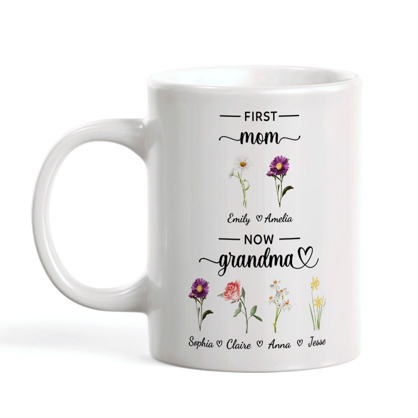 Personalized First Mom Now Grandma Mug Birth Flowers Ceramic Mug for Mother's Day Gifts - DigiVirt