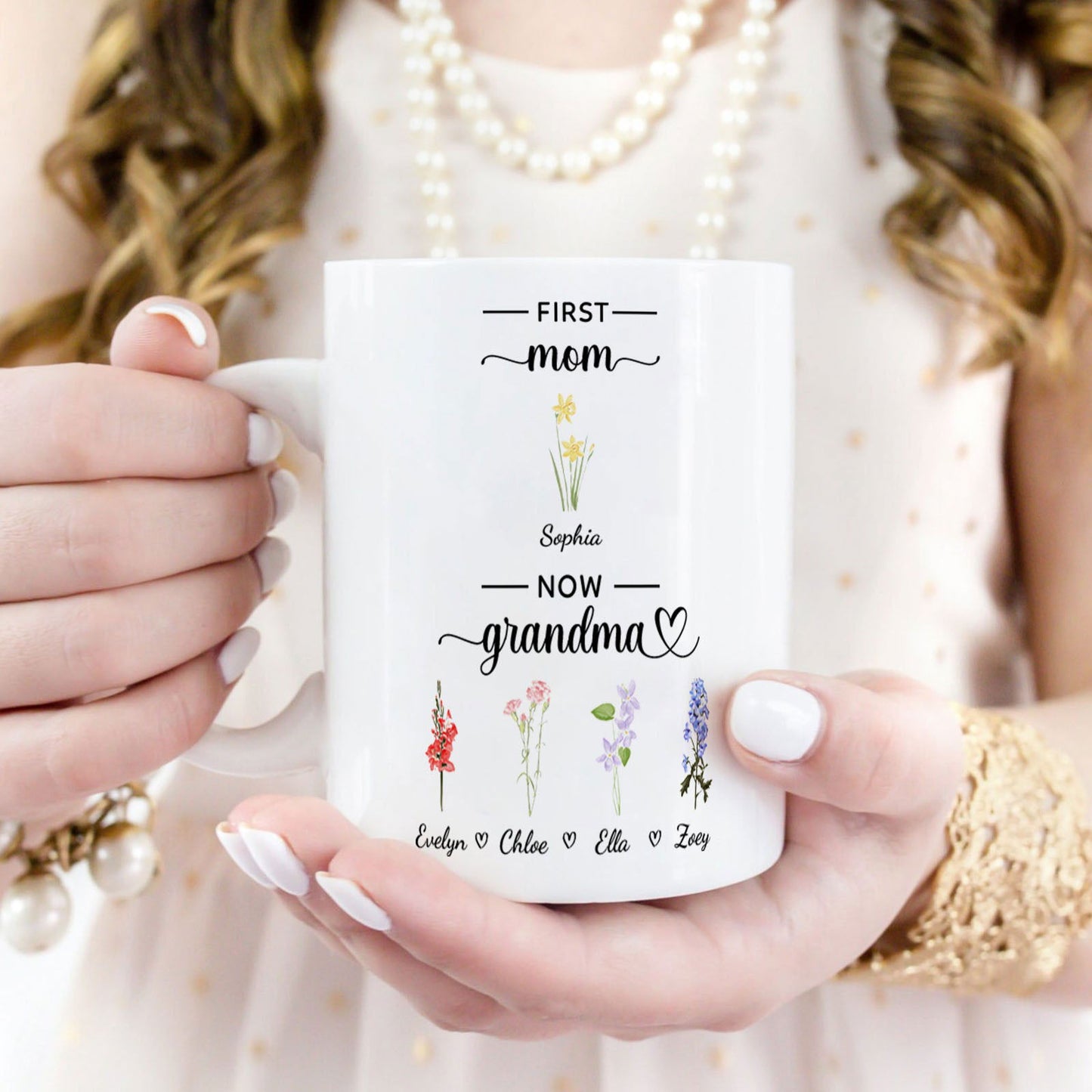 Personalized First Mom Now Grandma Mug Birth Flowers Ceramic Mug for Mother's Day Gifts - DigiVirt