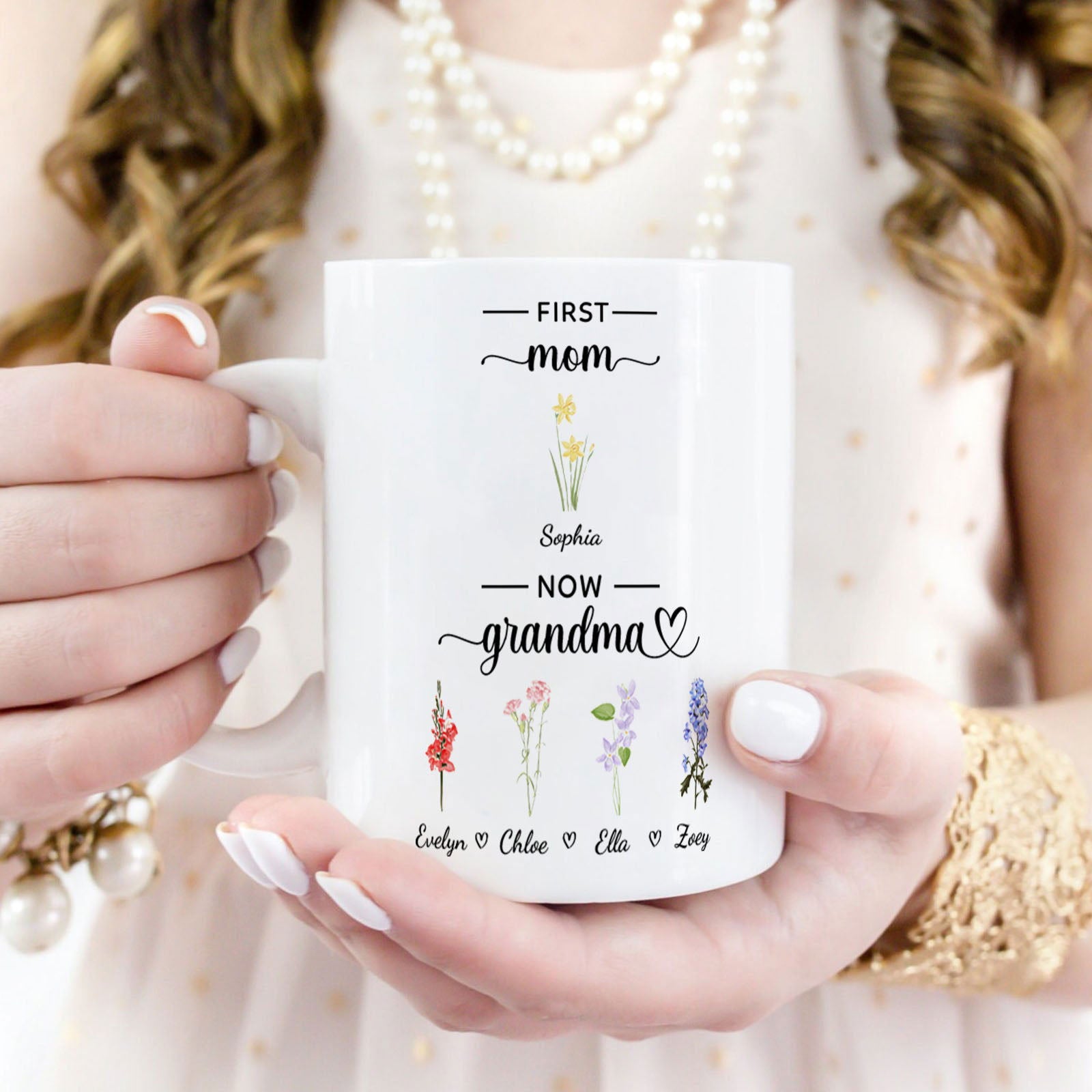 Personalized First Mom Now Grandma Mug Birth Flowers Ceramic Mug for Mother's Day Gifts - DigiVirt