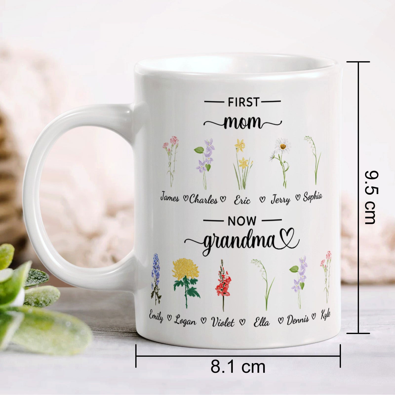 Personalized First Mom Now Grandma Mug Birth Flowers Ceramic Mug for Mother's Day Gifts - DigiVirt
