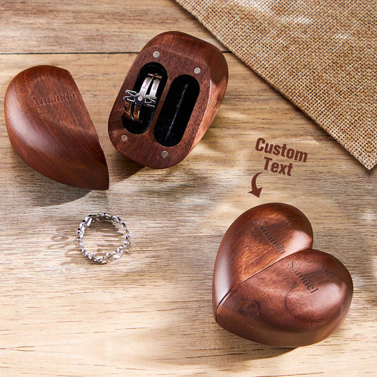 Personalized Heart-Shaped Engraved Ring Box Wooden Double Rings Wedding Ring Holder - DigiVirt