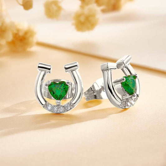 Personalized Horseshoe Stud Earrings with Heart Birthstone and Zircon Gift for Horse Lovers - DigiVirt