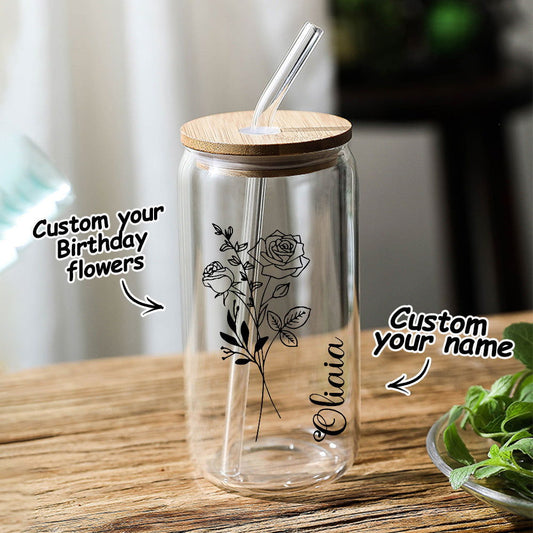 Personalized Name Glass Can with Birth Flower Custom Can Glass with Straw Gift for Mother Friends Family Bridesmaid Wedding Gifts - DigiVirt