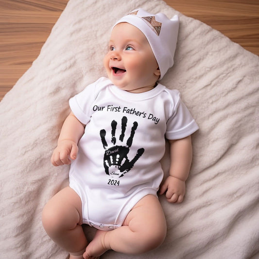 Personalized Our First Father’s Day Handprint Baby T-Shirt Gift for Baby - DigiVirt